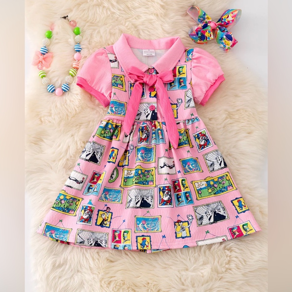 Colorful Dr. Seuss Graphic Print Dress with Pink Accents